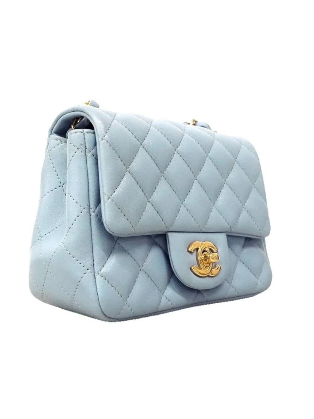 Chanel Shoulder Bag Mini Quilted Lambskin Light Blue Champagne Gold